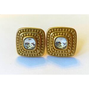 Givenchy Vintage Etruscan Gold Tone Crystal Square Clip On Earrings Paris NY